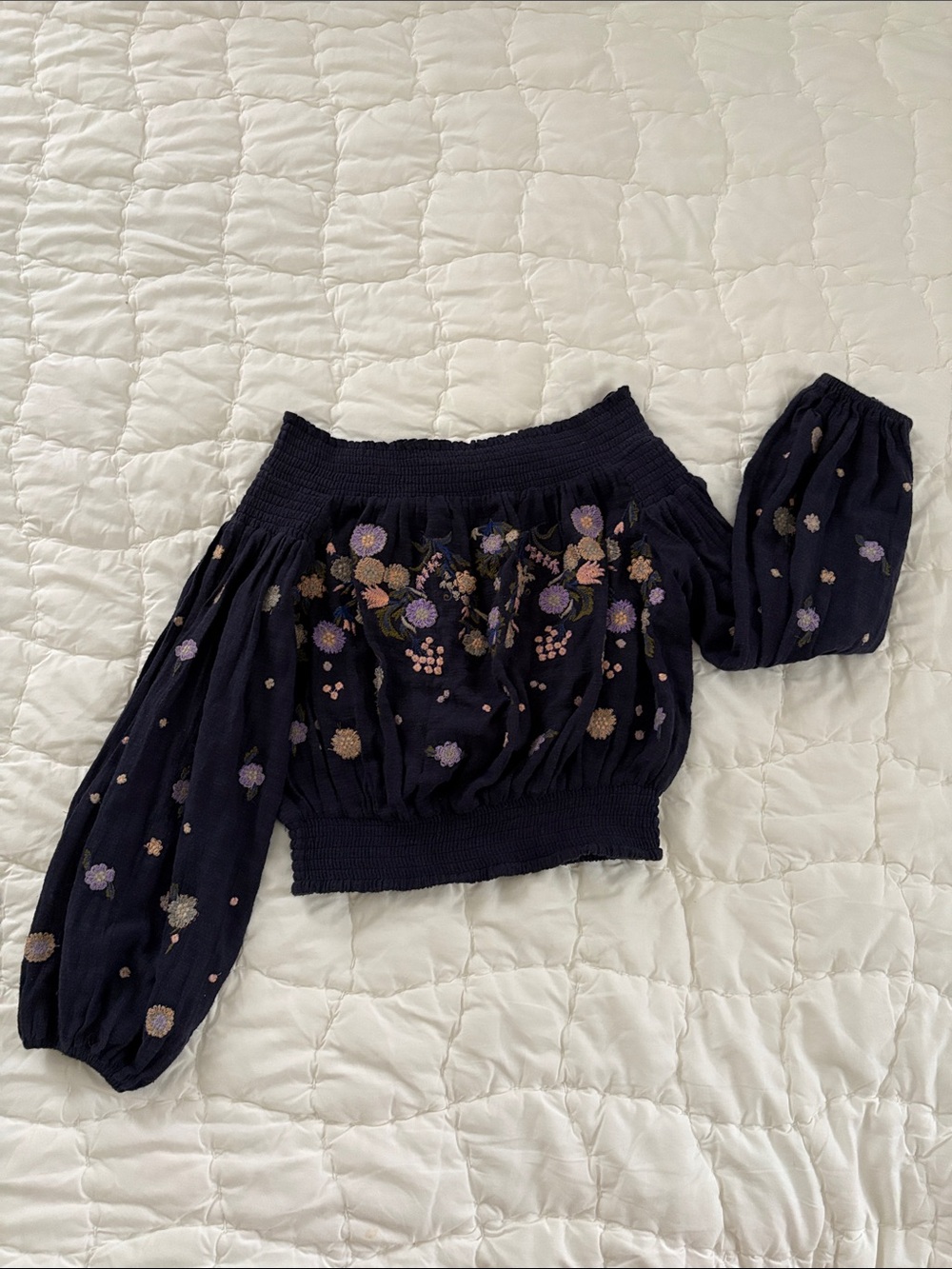 Free People Off-Shoulder Navy Floral Smocked Waist Women’s Top